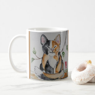 Smug Calico Cat and Bamboo Oriental Style Tile Art Coffee Mug