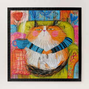 Smug Orange Tabby Cat Drinking Coffee Jigsaw Puzzle