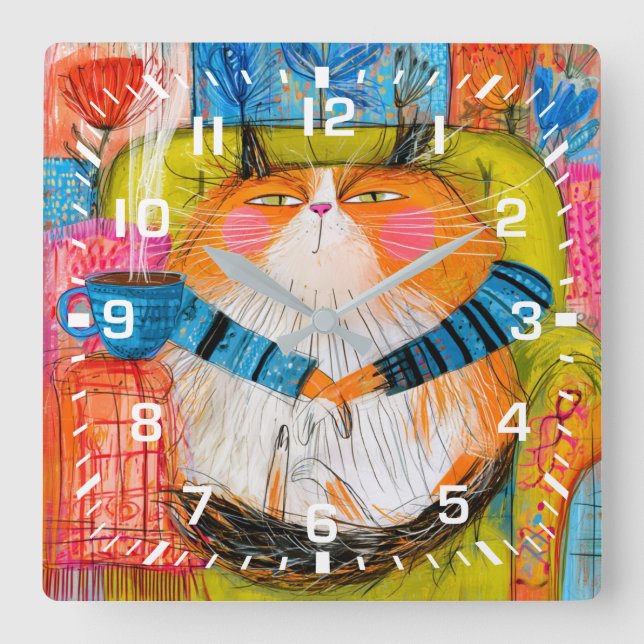 Smug Orange Tabby Cat Drinking Coffee Square Wall Clock (Front)