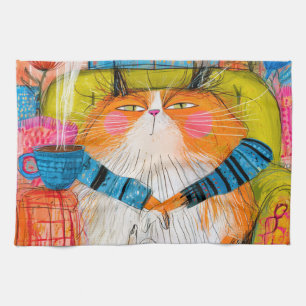 Smug Orange Tabby Cat Drinking Coffee Tea Towel