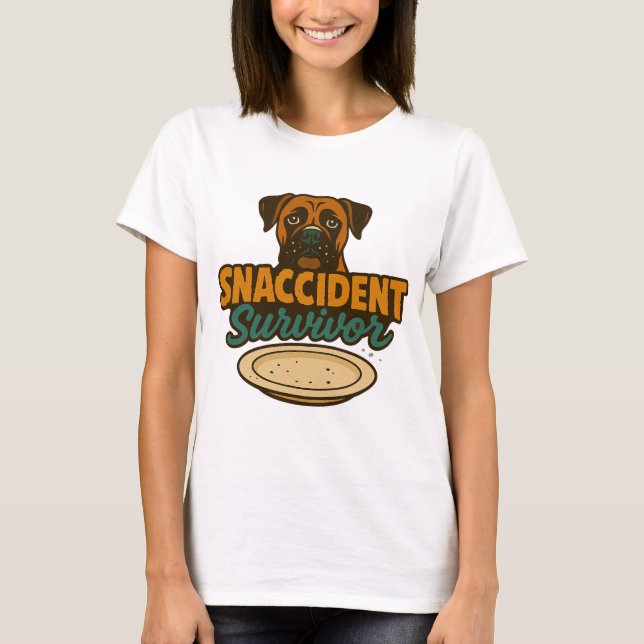 "SNACCIDENT Survivor" Funny Boxer Dog T-Shirt (Front)