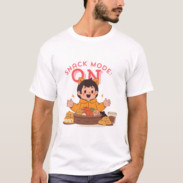 Snack Mode: ON – Cute Cartoon Character with Snack T-Shirt (Front)