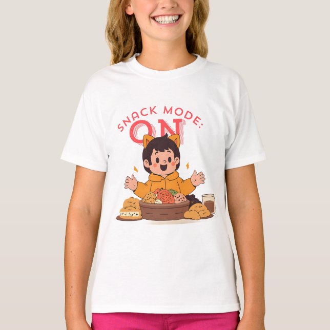 Snack Mode: ON – Cute Cartoon Character with Snack T-Shirt (Front)