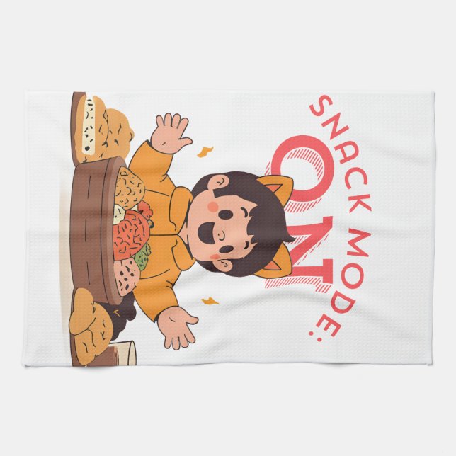 Snack Mode: ON – Cute Cartoon Character with Snack Tea Towel (Horizontal)