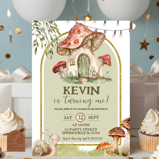 Snail and Mushroom Forest First Birthday Invitation (Creator Uploaded)
