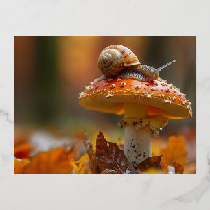 Snail atop the mushroom cute nature scene foil holiday postcard
