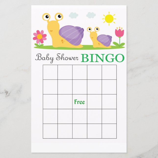 Snail baby shower bingo card (Front)