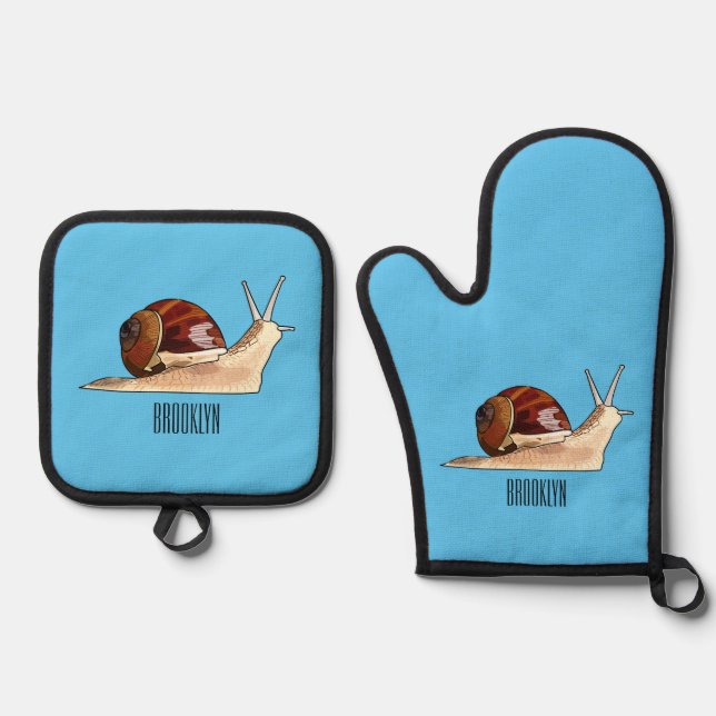 Snail cartoon illustration oven mitt & pot holder set (Front)