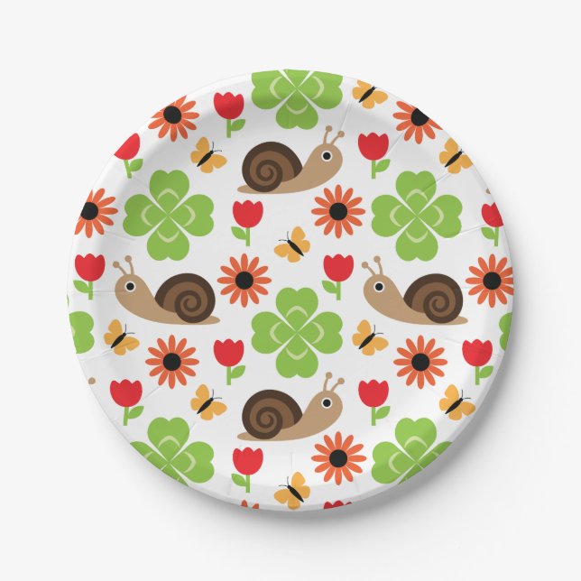 Snail & Clover Seamless Pattern Paper Plate (Front)