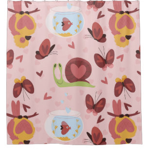 snail heart love butterflies romance valentines shower curtain