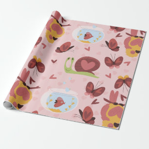 snail heart love butterflies romance valentines wrapping paper