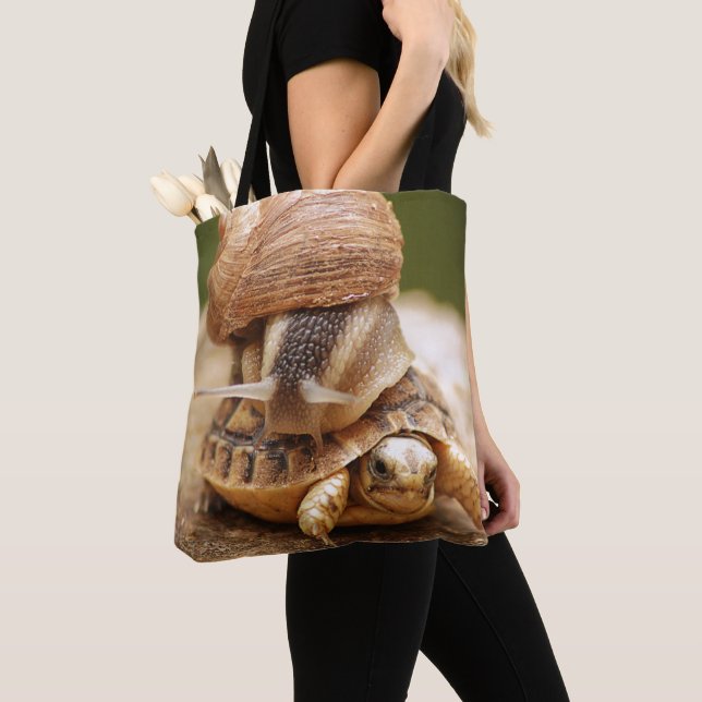 Snail Riding Baby Tortoise Tote Bag (Close Up)