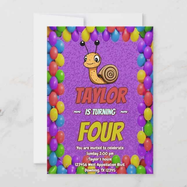 Snail Unique Personalised Birthday Invite Kids (Front)