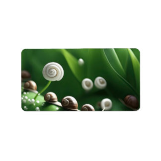 Snails lined up on green plants label