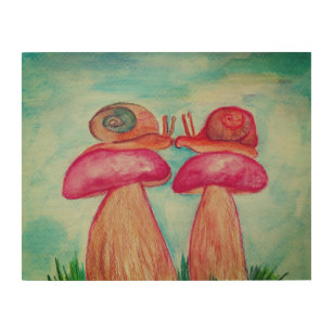 Snails on mushroom kiss Wood Wall Art