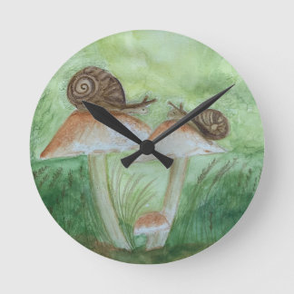 Snails on Mushrooms, Sage Background Wall Clock