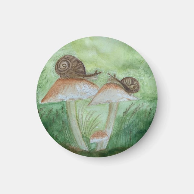 Snails on Mushrooms, Sage BG, Round Magnet (Front)
