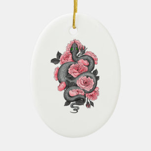 Snake and peach roses ceramic tree decoration