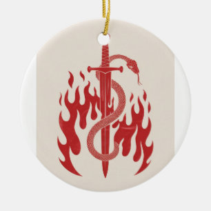 Snake and Sword Risograph Art Print Red Flame Ceramic Tree Decoration