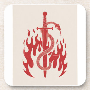 Snake and Sword Risograph Art Print Red Flame Coaster