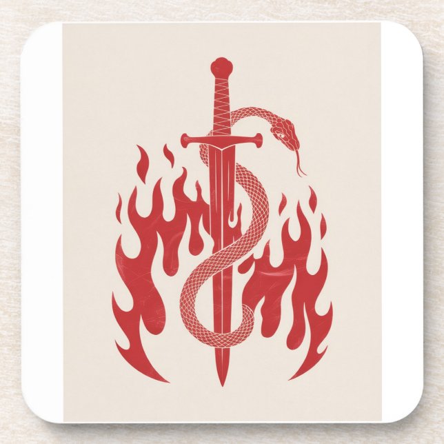 Snake and Sword Risograph Art Print | Red Flame  Coaster (Front)
