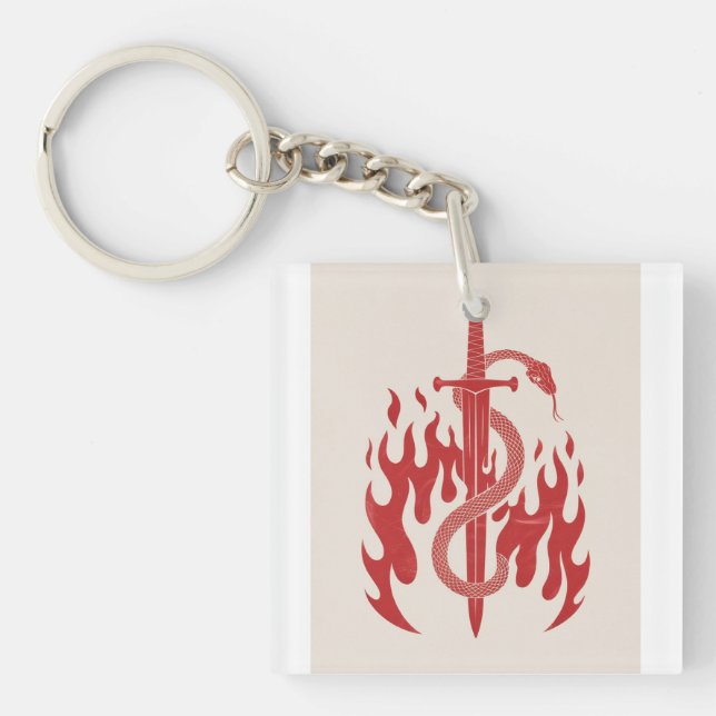 Snake and Sword Risograph Art Print | Red Flame  Key Ring (Front)