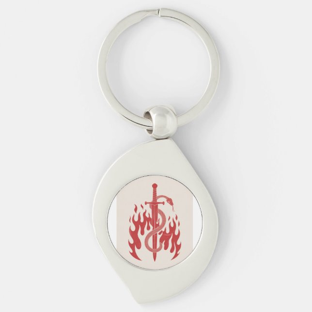 Snake and Sword Risograph Art Print | Red Flame  Key Ring (Front)