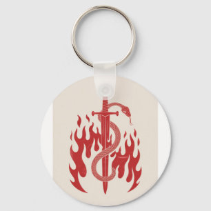 Snake and Sword Risograph Art Print Red Flame Key Ring