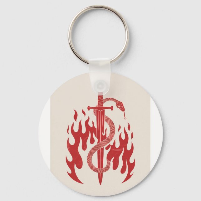 Snake and Sword Risograph Art Print | Red Flame  Key Ring (Front)