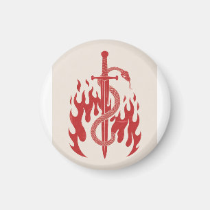 Snake and Sword Risograph Art Print Red Flame Magnet