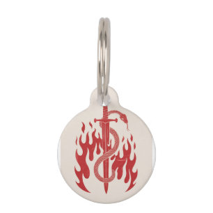 Snake and Sword Risograph Art Print Red Flame Pet Tag