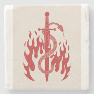 Snake and Sword Risograph Art Print Red Flame Stone Coaster