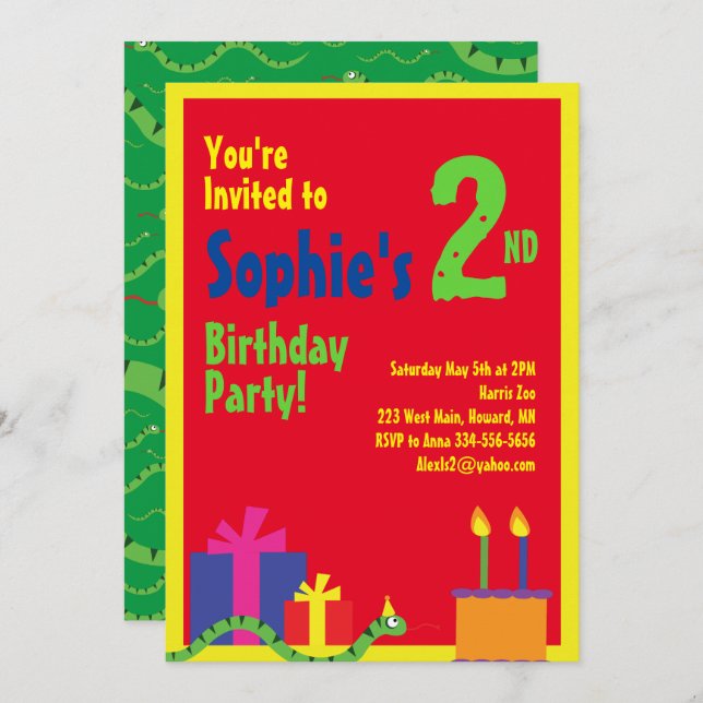 Snake Animal Kid's Birthday Party Invitations (Front/Back)