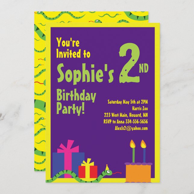 Snake Animal Kid's Birthday Party Invitations (Front/Back)