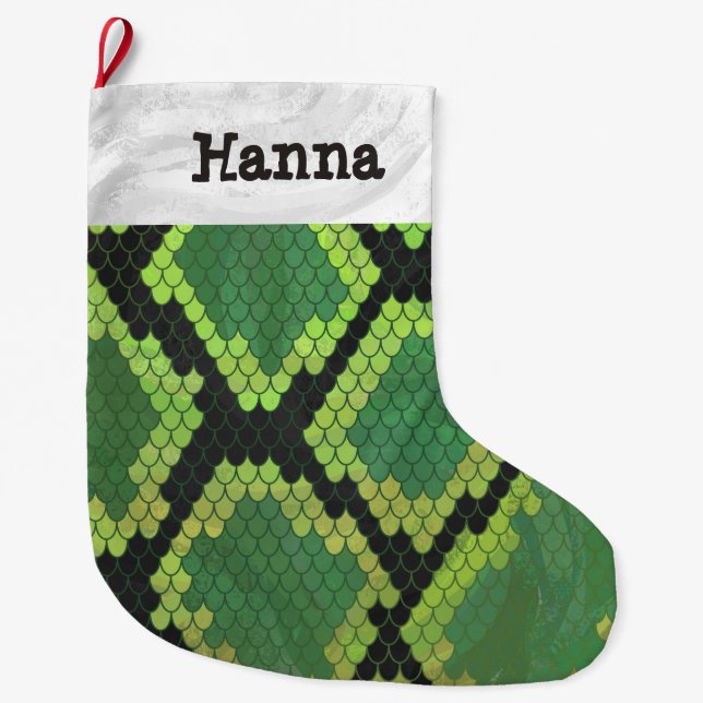 Snake Black and Green Print Large Christmas Stocking (Front)