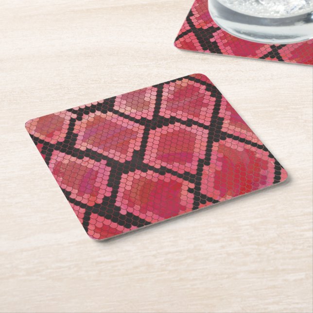 Snake Black and Red Print Square Paper Coaster (Angled)