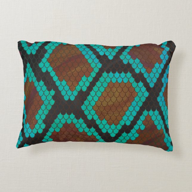 Snake Brown and Teal Print Decorative Cushion (Back)