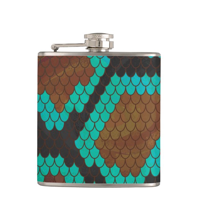 Snake Brown and Teal Print Hip Flask (Front)