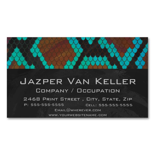 Snake Brown and Teal Print Magnetic Business Card (Front)