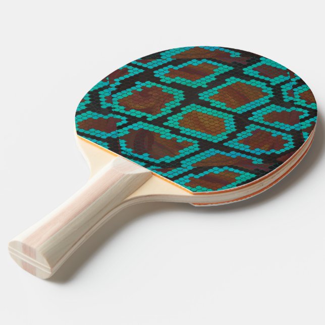 Snake Brown and Teal Print Ping Pong Paddle (Front Angle)