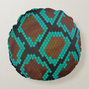 Snake Brown and Teal Print Round Cushion