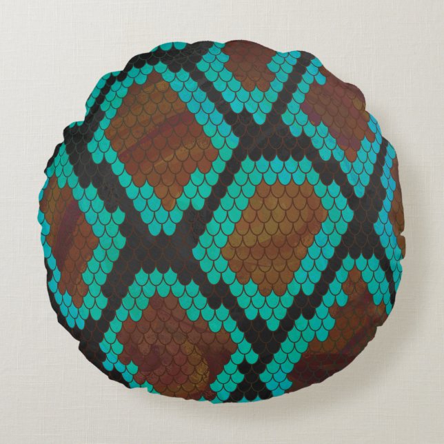 Snake Brown and Teal Print Round Cushion (Front)
