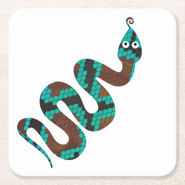 Snake Brown and Teal Print Silhouette Square Paper Coaster (Front)