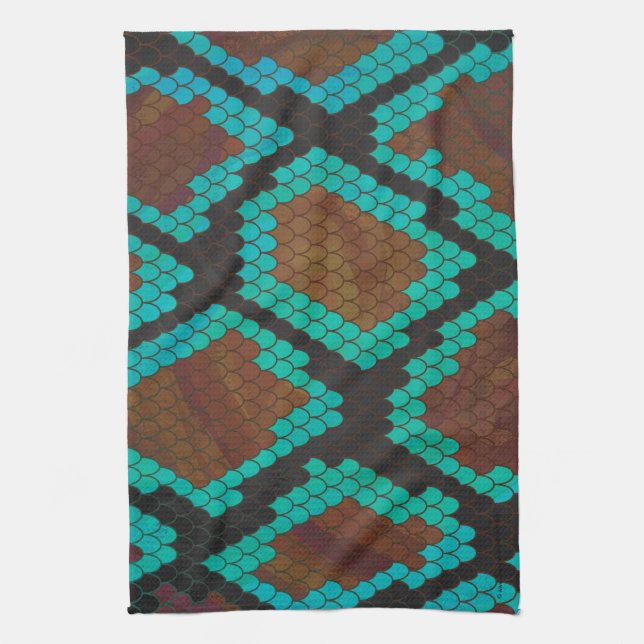 Snake Brown and Teal Print Tea Towel (Vertical)