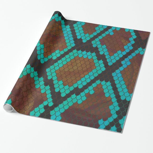 Snake Brown and Teal Print Wrapping Paper (Unrolled)