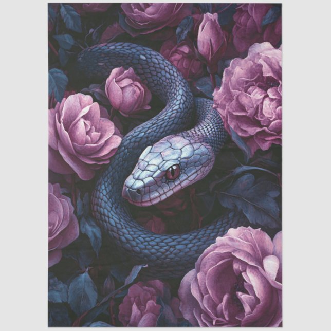Snake Coiled Among Purple Roses Tissue Paper (Front)