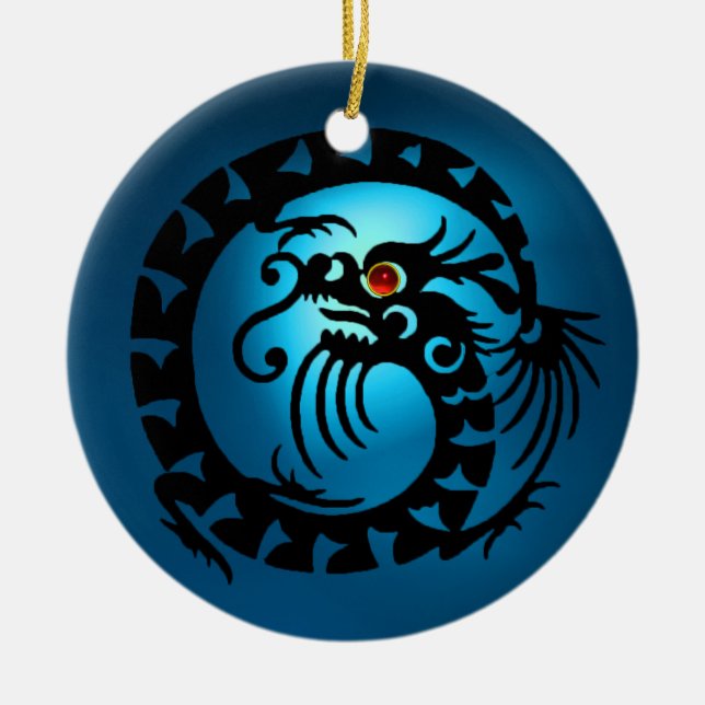 SNAKE DRAGON  Black and Blue Sapphire Red Ruby Ceramic Tree Decoration (Front)