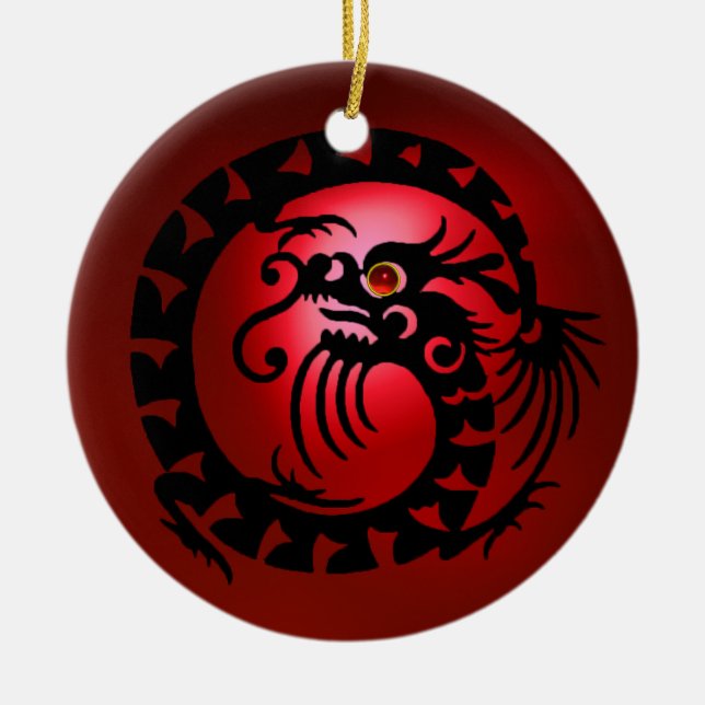 SNAKE DRAGON  Black and Red Ruby Ceramic Tree Decoration (Front)