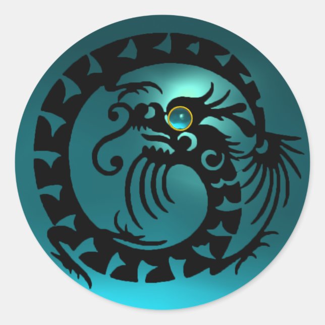SNAKE  DRAGON , black ,aquamarine blue Classic Round Sticker (Front)