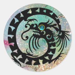 SNAKE  DRAGON , black ,aquamarine blue Classic Round Sticker